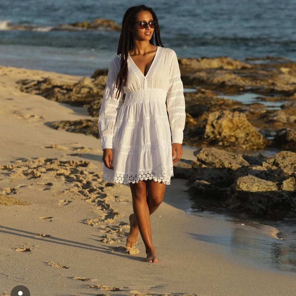 Samson White 100% cotton dress long sleeve embroidered cottage core coastal